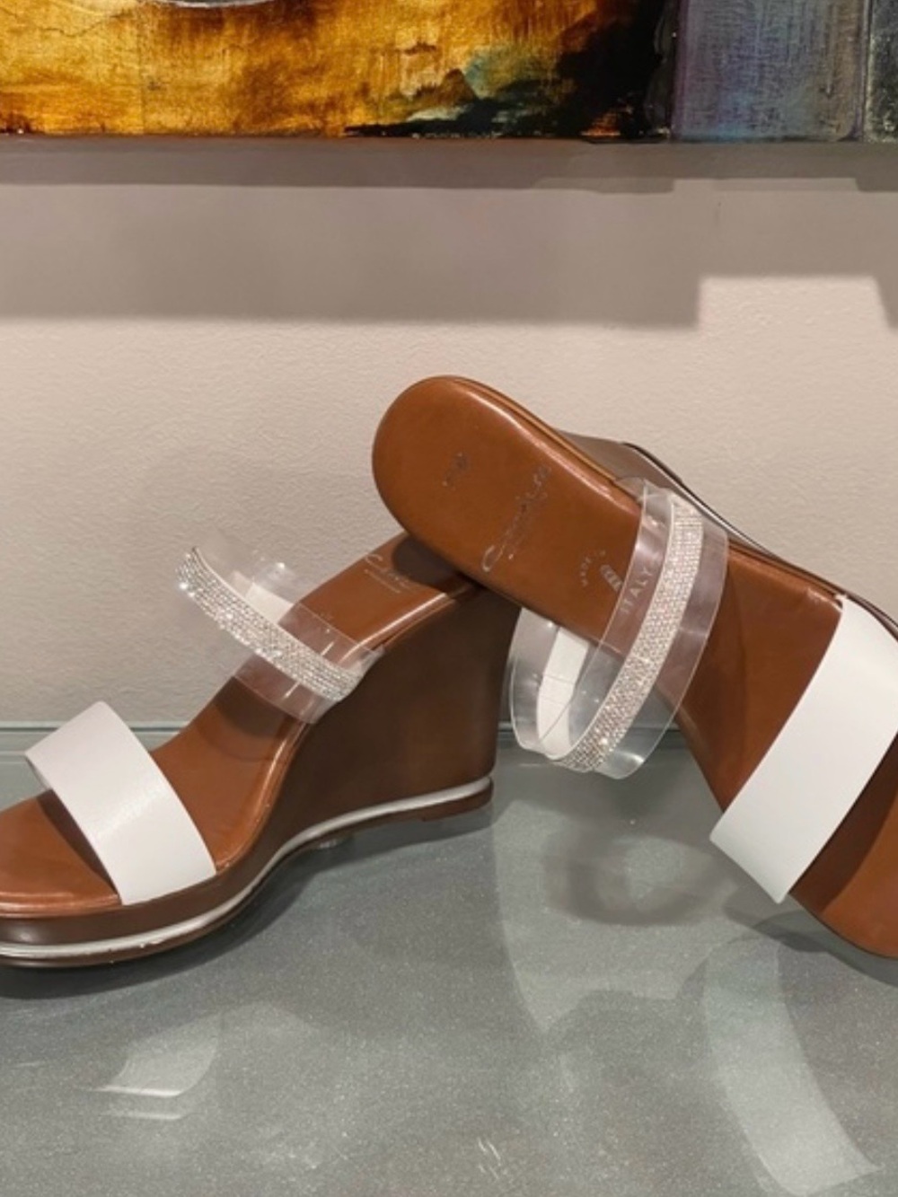 Clear Rhinestone and White Strap Brown Wedge Sandals